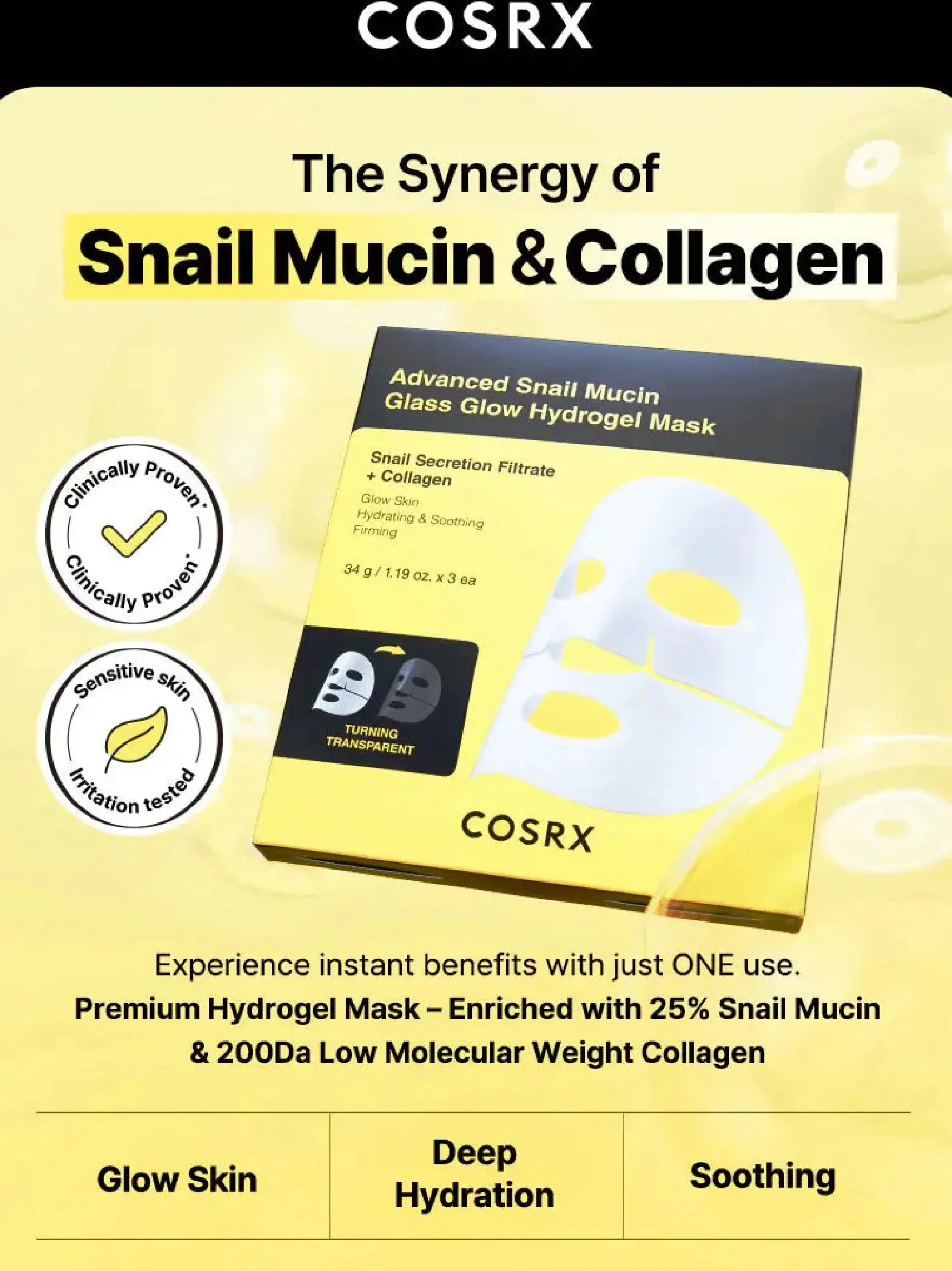 Advanced Snail Mucin Glass Glow Hydrogel Mask 3-Pack