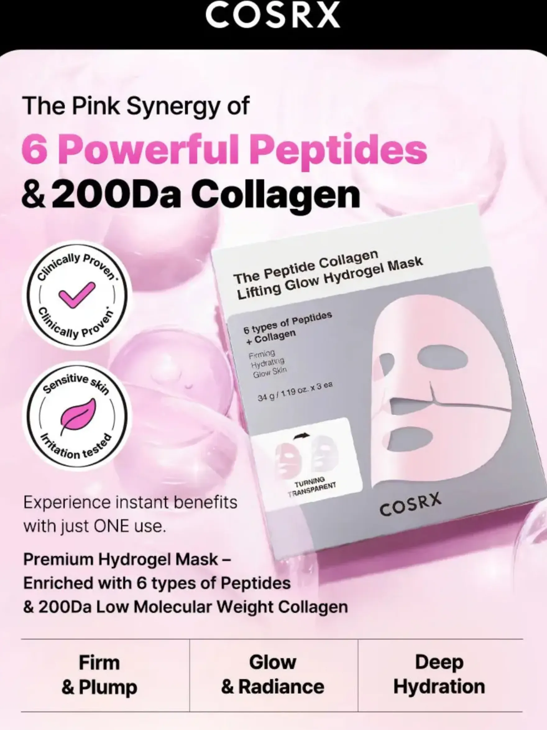 Peptide Collagen Glow Hydrogel Mask 3-Pack